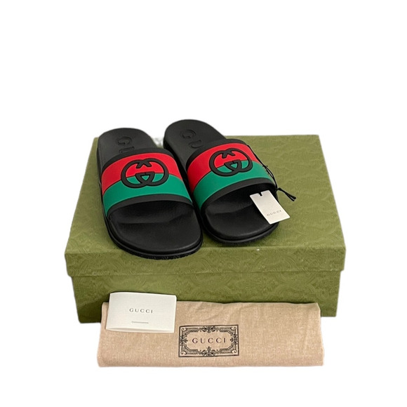 GUCCI Authentic Men\'s Interlocking G Slide Sandal Black Green Sz 10 |US 10.5 NEW main image 16